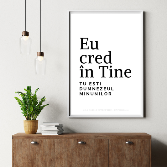 Poster creștin minimalist cu mesajul Eu cred în Tine, design alb-negru modern pentru decor spiritual.