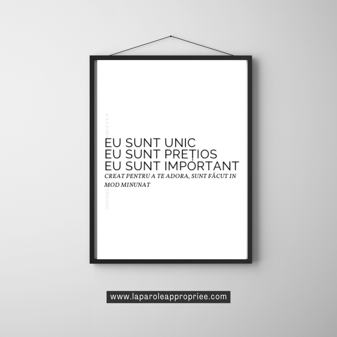 Poster creștin minimalist cu mesajul Eu sunt unic, Eu sunt prețios, Eu sunt important, design alb-negru modern
