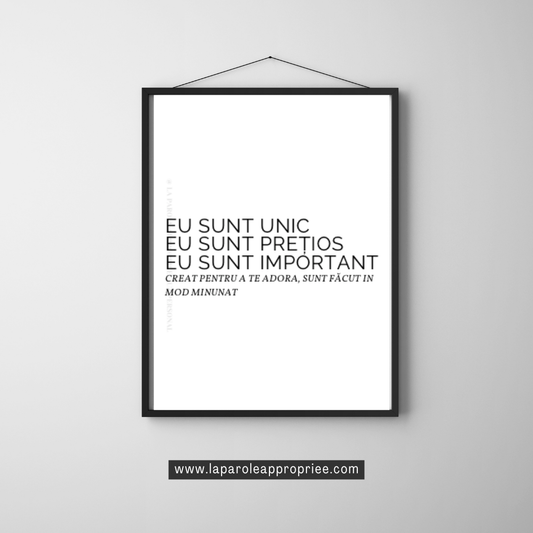 Poster creștin minimalist cu mesajul Eu sunt unic, Eu sunt prețios, Eu sunt important, design alb-negru modern