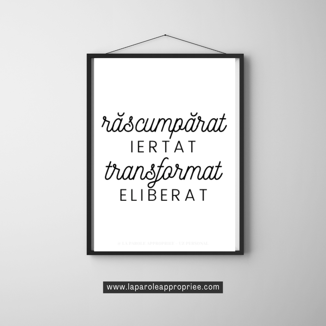 Poster creștin minimalist cu mesajul Răscumpărat, Iertat, Transformat, Eliberat, design alb-negru modern